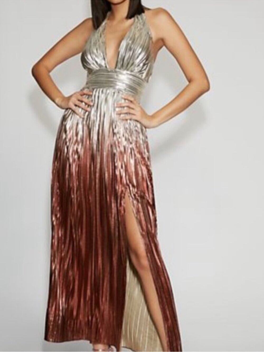 Gabrielle Union New York & Company Metallic Ombre Pleated Halter Maxi Dress M